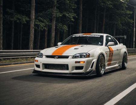 cinematic photo of tuned Nissan, JDM, perfect lighting, vibrant, high detailed, epic, movie still, motion blur, film grain