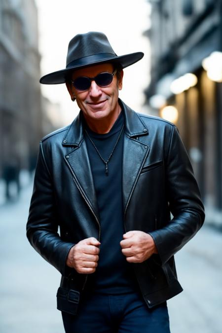 portrait of sks man (skai:1) in the street with a black leather jacket with dark glasses and hat, very detailed face, high quality, in the night, 8k  <lora:skai:1>