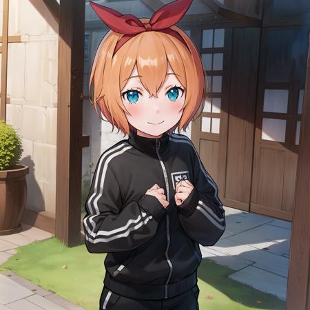 masterpiece,best quality,anime,(2d:1.2),indoors, 
 <lora:PetraNai:1>
1girl, solo, smile, orange hair, black tracksuit, short hair, outdoors, ribbon, looking at viewer, track jacket,blush, sleeves past wrists, hairband, hair ribbon, bow, cyan blue eyes, red ribbon, hair bow, long sleeves,black pants,clenched hand, clenched hands,