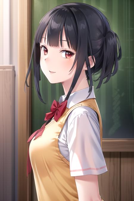 ((masterpiece)),(best quality),official art,extremely detailed CG,unity 8k wallpaper,ultra detailed,beautiful detailed eyes,extremely detailed face,1girl,solo,upper body,(portrait:1.5),looking at viewer,facing viewer,smile,Himemiya Tsubaki(hswk),black hair,long hair,red eyes,sidelocks,bangs,school uniform,sweater vest,yellow vest,red bowtie,collared shirt,white shirt,short sleeves,large breasts,blue skirt,plaid skirt,pleated skirt,zettai ryouiki,white thighhighs,loafers,<lora:Himemiya Tsubaki(hswk)>,