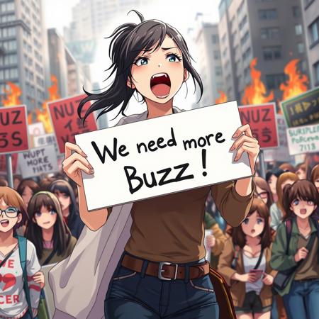 Woman holding a board over her breasts and screaming ‘We need more Buzz!’. She's protests with a many other women. Anime style, extremely detailed anime, shortstack woman. Very open field of view, focus on text.
Burn city at background.