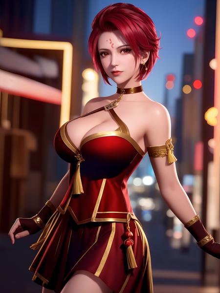 <lora:DLDLhuowu_20230728185842:0.75>,1girl,mature female,cityscape,night,looking at viewer, bare shoulders, short hair, dress,jewelry, facial mark, forehead mark, cleavage, elbow gloves, detached sleeves, choker,strap,cowboy shot, skirt,tassel,