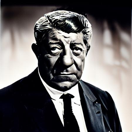 Portrait of Jean Gabin, 1950s French movie star, in the style of Studio Harcourt, black and white, high-contrast lighting, classic elegant pose, vintage suit, charismatic expression, film noir aesthetics, detailed texture, 4K resolution <lora:jeangabin-15:1>