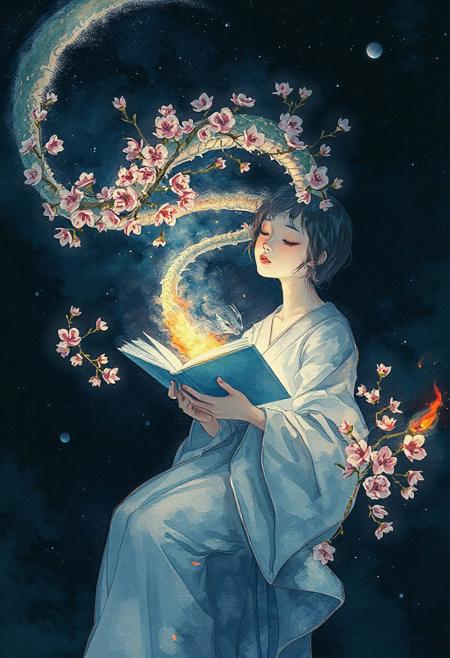 A surreal illustration of a 26-year-old woman reading a book in deep space, her body gently cradled by a swirling ribbon of cherry blossoms and cosmic light, some petals burning at the edges, a faint silhouette of a dragon emerging from the book’s pages, eyes closed, peaceful yet unaware of the awakening, surrounded by quiet tension, emotional storytelling, watercolor and ink texture, high detail, fantasy meets Japanese ethereal style, masterpiece