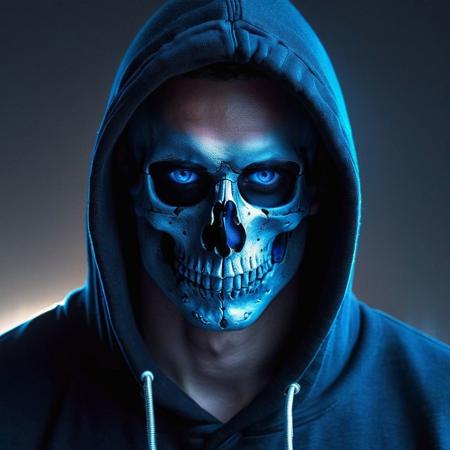 Generate hyper realistic image of a lone male figure, his hood drawn up, emphasizing the focus on his skull-themed hoodie. Glowing blue eyes peer directly at the viewer, radiating an otherworldly light. The hood casts shadows, adding an air of mystery, while heterochromia accentuates the haunting glow of one eye. This male character exudes an enigmatic aura, captivating with his skull-centric attire and glowing gaze.