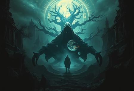 A universe inside a dark cloaked figure within mysterious landscape in an unfathomable realm of fantastic creation inhabited by ancient shadows of a forgotten time beyond the gate of the gateless gate where life is limitless, light is shadow and shadow is light, eerie sense, horror, spark of the beginning, existence and nonexistence at once, ethereal, outstretched arms, behold the end of the beginning, inglorious glory to the dark one, betrayal of the ancient order, beware the 7headed beast, destroyer of the old ways, bearer of the unbearable, nightmarish, archaic runes, tree aging backwards, breath of the gods, ruins of a place unimagined, extreme intricate detail, photorealistic, beyond epic scene, fate discarded, unseeable face of god, the end is the beginning, the beginning is the end, man arises as god dies, as above so below, as below so above, emerald tablet, thoth, guardian and saboteur of existence, hopeless hope, ghosts of the unborn, conception of the inconceivable, cosmic well of imperceptible perception, evil aura, infinite emptiness, pillars of void, overwhelming subtlety, abstract sacred geometry, beams of readiness without intention, gift of doom, despair of the ages, hidden secret warnings from dead gods, hand carved by the conductor of unholy loneliness with the sands of time incarnate