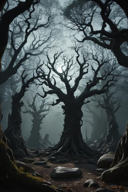 A dark, enchanted forest with twisted, gnarled trees whose branches resemble skeletal hands. In the center of the forest, a circle of ancient stones radiates a faint, eerie glow. Shadowy creatures with glowing eyes peer out from behind the trees. 8K