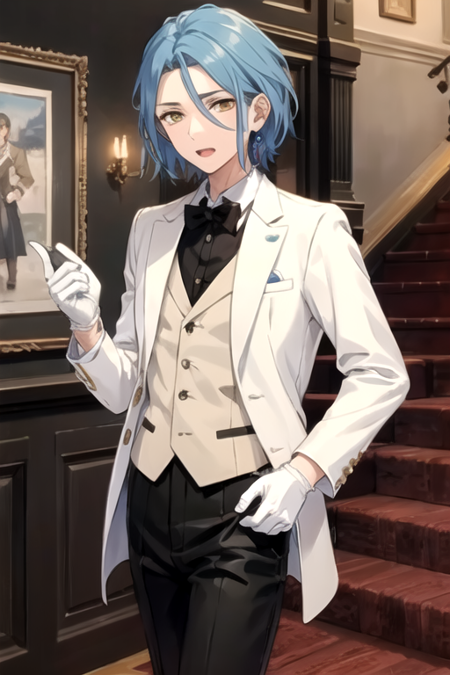 <lora:HiMERU:0.5> , himeru, solo, looking at viewer, short hair, open mouth, shirt, gloves, long sleeves, 1boy, bow, jewelry, blue hair, standing, jacket, yellow eyes, white shirt, male focus, collared shirt, pants, indoors, white gloves, vest, streaked hair, black jacket, black pants, formal, suit, stairs, adjusting clothes, butler, lapels