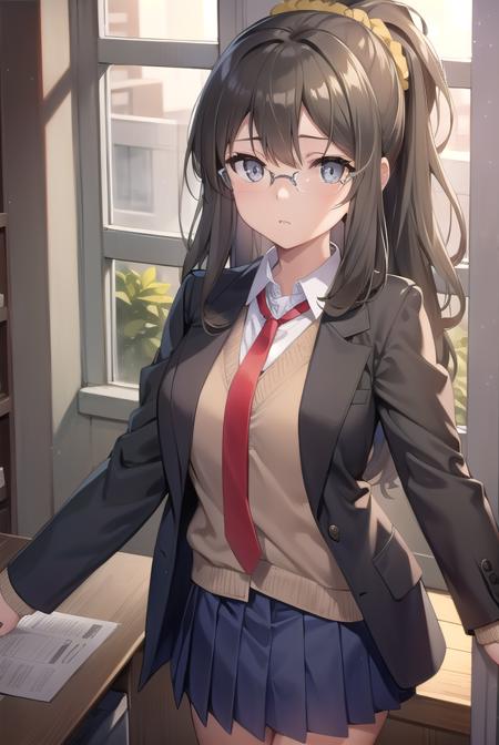 riofutaba, <lora:riofutabatest:1>,
rio futaba, black-framed eyewear, (brown eyes:1.5), glasses, grey hair, hair between eyes, over-rim eyewear, semi-rimless eyewear, long hair, sidelocks, ponytail, scrunchie, hair scrunchie, yellow scrunchie,
BREAK blue skirt, collared shirt, miniskirt, necktie, pleated skirt, red necktie, school uniform, shirt, skirt, undershirt, white shirt, short sleeves, sweater, brown sweater,
BREAK looking at viewer,
BREAK indoors, classroom,
BREAK <lora:GoodHands-vanilla:1>, (masterpiece:1.2), best quality, high resolution, unity 8k wallpaper, (illustration:0.8), (beautiful detailed eyes:1.6), extremely detailed face, perfect lighting, extremely detailed CG, (perfect hands, perfect anatomy),