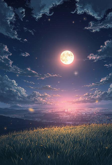 Anime night scene from a grassy hill, slow drifting clouds parting to reveal a glowing full moon, faint flickering stars begin to shimmer, fireflies floating softly near the ground, distant city lights twinkling far below, soft purple-blues and silver light, deeply emotional, ultra-detailed.
Inspired by: The Place Promised in Our Early Days