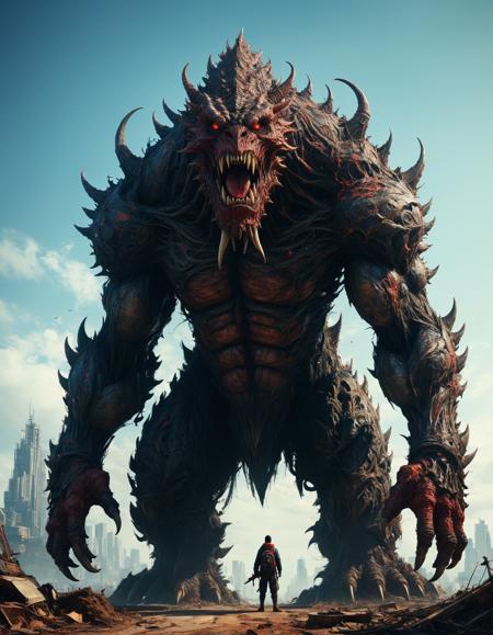hyper realistic photograph of  a (gargantuan  monstrous creature:1.4) by ShintarÅ Kago and Ismail Inceoglu, (pretty , bizarre , masterful:1.4), medium full shot, poster art, bold lines, hyper detailed, expressive,  award winning,  dark limited color palette, high contrast, depth of field, (intricate details, masterpiece, best quality:1.4),
dramatic lighting, looking at viewer, dynamic pose, wide angle view,
<lora:add-detail-xl:1> <lora:xl_more_art-full_v1:0.5>  <lora:NicolaSamori:0.5> in the style of nicola samori <lora:looking_at_viewer:2>