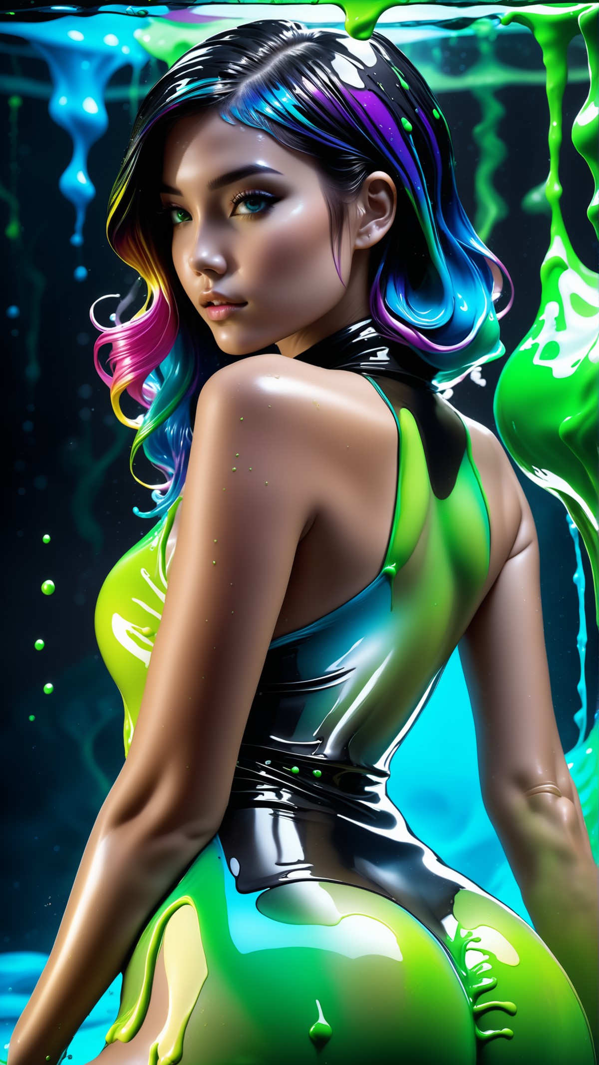 <lora:xl_yamer_style-2.0:1>, Colorful ink cascaded the canvas, forming slime sexy girl body, photorealistic slime girl, ph...