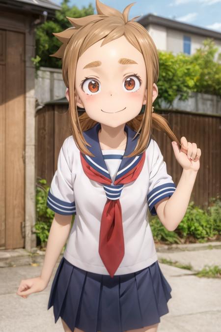 1girl, mina_hibino, forehead, short hair, brown hair, sidelocks, low ponytail, brown eyes, school uniform, white shirt, short sleeves, sailor collar, serafuku, blue skirt, short skirt, closed mouth, smile, looking at viewer, city <lora:mina_hibino:0.7> <lora:add_detail:0.7>