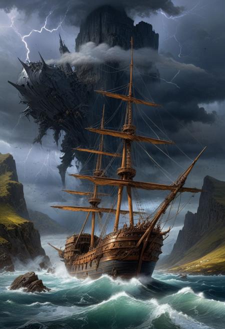 Night Landscape oil painting where the storm is the focal point. The storm dominates the skyscape while in the foreground a flying ship is battered by the winds. To spindly metal spires stand resolute in the face of the coming storm, built within a steep mountain pass. ((Highest quality:1.0),(High resolution:1.0), (masterpiece:1.0), (overview:0.6), beautiful and aesthetic:1.3), extreme detailed, colorful, highest detailed,((ultra-detailed)),(highly detailed CG illustration),((Gloomy and Dark Atmosphere)),,