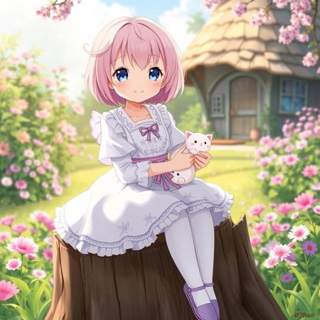 light-pink-haired girl, anime style, sitting on a tree stump in a vibrant, pastoral setting.  Light-skinned.  Wears a white, light-purple, and light-lavender-colored dress, featuring decorative embroidery and ruffles.  The dress has a light-purple underlay and a light-lavender-colored waistband with a bow; white stockings and light-purple shoes.  Soft, gentle smile, expressing happiness and calmness.  Light-pink hair, short bob cut, with slightly visible white-colored highlights.  She holds two small white cat-like creatures in both of her arms.   Soft, gentle lighting creates a warm atmosphere, bathed in a soft, diffuse light, with visible natural shadows.  The backdrop features a lush, blooming garden with various shades of pink, purple, and green flowers.  A quaint, rustic-style house with a rounded roof is in the background, adding to the idyllic setting.  Composition is centered on the character, with a slightly high-angle perspective emphasizing her posture and gentle pose.  Soft, pastel colors dominate the entire scene, creating a serene and cheerful mood.  Anime style, with detailed floral patterns on the dress, delicate textures in the plants.  The image has a calm, relaxed, and sweet mood.  The scene is vibrant, yet soft, with a slightly dream-like quality. Girl in game scene, making pulls.