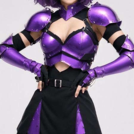 <lora:cuteshorts4:1.0>, (cuteshorts:1.0),  woman wearing, below waist, armor, armored dress, black dress, dress, elbow gloves, eyes visible through hair, gloves, hair over one eye, hand on own chest, looking at viewer, navel cutout, purple hair, razaria, shield, short hair, smile, solo, violet eyes