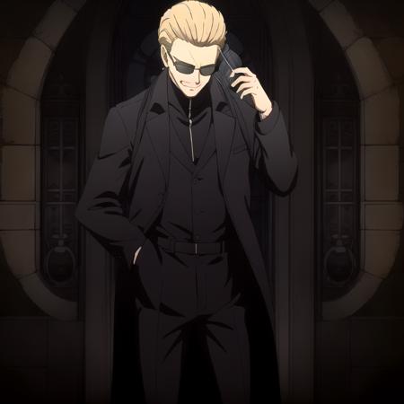 (Albert Wesker:1.4), highly detailed, highres, extremely detailed, detailed background, perfect eyes, perfect face, high quality, detailed face, anime, best quality, masterpiece, 4k, 8k, absurd resolution, cinematic lights, intricate detail, detailed hands, detailed eyes, animation, illustration, (blonde hair:1.4), (1man), mature male, looking at viewer, shades, sunglasses, 1boy, black shirt, black trench coat, high definition, sharp focus, <lora:neg4all_bdsqlsz_V3.5:1>, OverallDetail, deep shadow, dimly lit, shade, animification, <lora:dreamlookai_lora_db_bb89d853_ckp_9966b693_step_3000_Wesker:0.7> wesker, <lora:Hiroyuki Kitazume:0.4>, <lora:beard_slider_v10:-3>, <lora:gender_slider_v1:-4>, slick back hair, <lora:AlbertWeskerRE:0.5> AlbertWeskerRE, <lora:neg_bdsqlsz_V2:1>, <lora:hyperdenoiser_v090:0.6>, <lora:hyperrefiner_v090:0.6>, <lora:REAlbertWesker:0.6> REAlbertWesker, (smirk:1.3), (removing sunglasses:1.4),