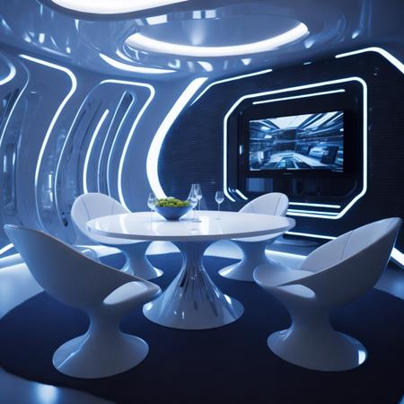 <lyco:bionic style interior design:1.0> a futuristic diningroom, with futuristic furniture, tv and sound system, 4k, award winning, photorealistic