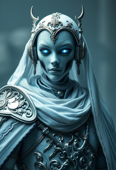 humanoid android, covered in white porcelain skin, blue eyes, white wispy ghost wearing ornate armour 4k realistic fantasy, insane details, ghost phantom effect, hyper detailed, photoreal, photography, cinematic lighting, hdr, hd, cinematography, realism, fine art digital, HD, Mark Molnar mystical, redshift rendering, 8k,