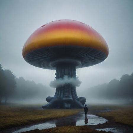 sfw, shnywrld, art style,  ,masterpiece,(best quality),extremely detailed ,   scifi, cyberpunk, steampunk, inflatable, zipper, mushroom, dramatic scene, in an open space, liminal,colourful fog, mist,colourful smoke, , shnywrld<lora:challenge\shinyworld_2dim.safetensors:0.75:0.75>