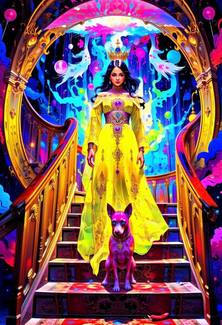 digital illustration, 3D, stunning beautiful princess walking down stairs with her dog. She wears long robe with intricate glowing embroidery. Dog is pink in color with glowing blue eyes. Stairs have exquisite velvet carpet. Overall scene has vibrant colors. Celestial background, PsychadelicChaos, surreal