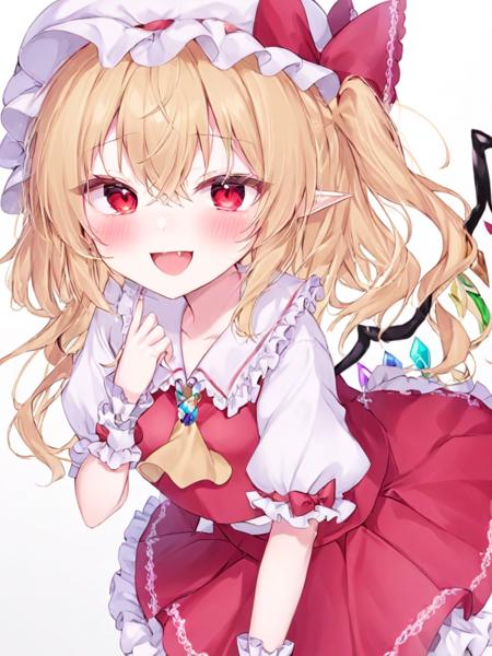 <lora:èå°æµé²:1>,1girl, solo, flandre_scarlet, blonde_hair, hat, wings, short_sleeves, red_skirt, red_vest, mob_cap, puffy_sleeves, puffy_short_sleeves, fang, vest, skirt, red_eyes, open_mouth, smile, white_headwear, wrist_cuffs, white_background, one_side_up, simple_background, looking_at_viewer, :d, bow, crystal, pointy_ears, shirt, white_shirt, blush, hat_bow, ribbon, frills, brooch, red_bow, frilled_shirt_collar, white_bow, bangs, long_hair, hair_between_eyes, jewelry