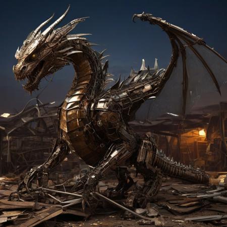digital art, highly detailed, sci-fi, a dragon constructed from assorted trash, featuring a mix of metal scraps, plastic fragments, and electronic parts. The dragon's body is composed of rusted metal plates, old car parts, and shattered glass. Its wings are made from torn tarps and wire mesh, while its eyes glow with an eerie light from repurposed LEDs. The dragon's claws and teeth are sharp, jagged pieces of scrap metal, and its tail is a twisted assembly of chains and pipes. The background is a dystopian junkyard filled with heaps of discarded machinery and debris. The scene is illuminated with a dramatic, moody light that highlights the intricate details and textures of the trash components, giving the dragon a menacing yet innovative appearance.