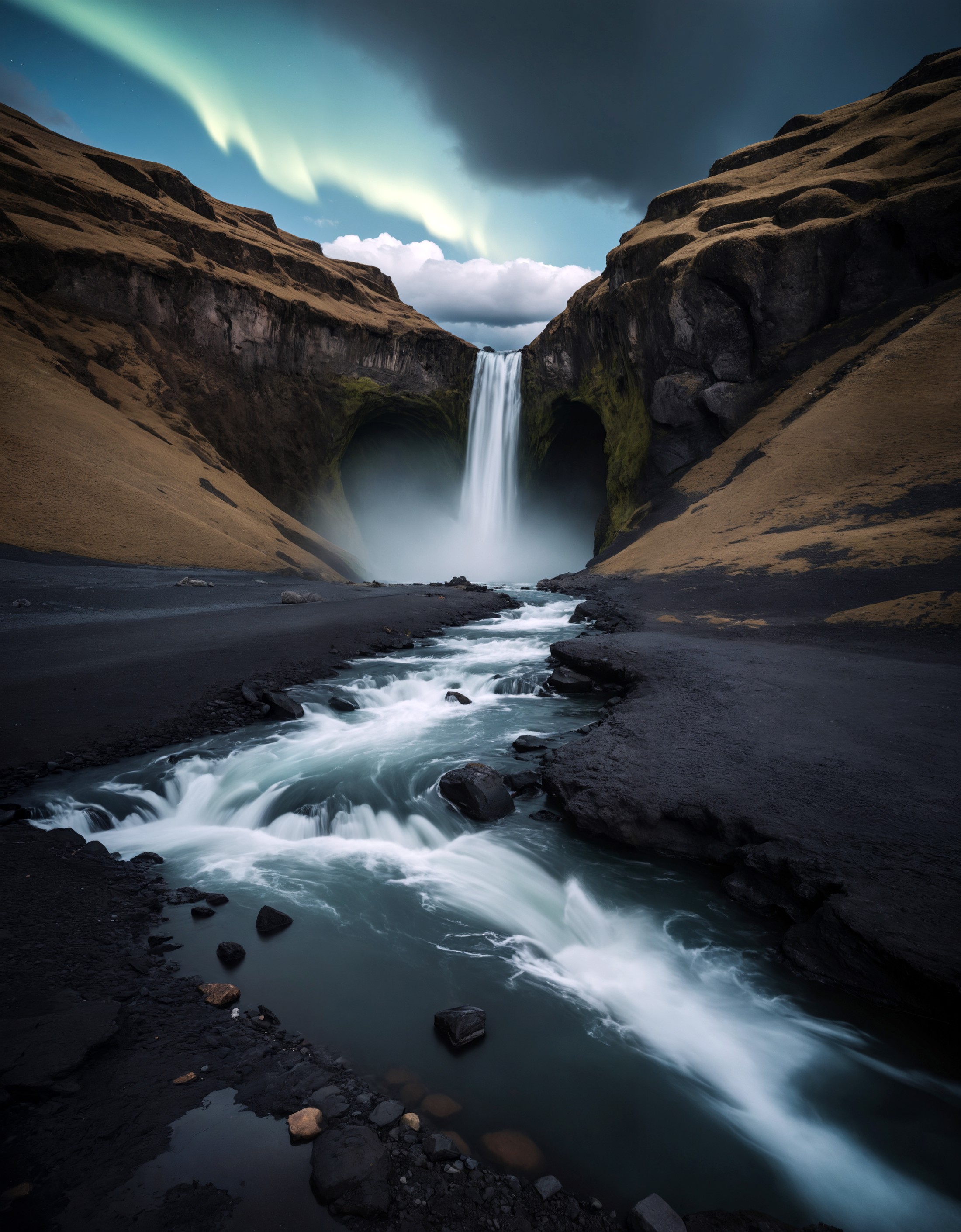prize winning landscape photography of a huge landslide in iceland at night with wildwater intersecting the magical landsc...