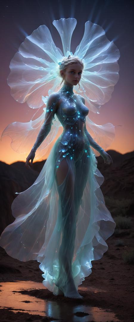 Award winning photograph, Imagine an alien on a remote planet, it has scales that are like flower petals shimmering with iridescent hues unseen on Earth. Each delicate scale ripples like liquid, refracting the sparse light into a mesmerizing display of colors. Amidst barren terrain, it stands as a beacon of vibrant life, emitting a faint, ethereal glow. Low light, bioluminescent creature. <lora:RMSDXL_Creative:3> <lora:RMSDXL_Enhance:2>  <lora:1r1d3sc3nc3XL:.7> 1r1d3sc3nc3