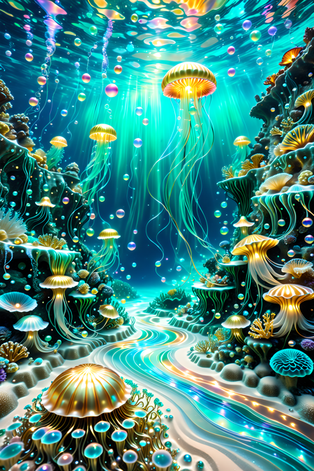 A surreal underwater realm where coral castles drip with glowing pearlescent syrup,jellyfish float like silk lanterns above a pearly sand floor,and luminous mermaids paint ocean currents with swirling trails of light and flowing pigments,magical realism,photoreal style,intricate lighting,
a jellyfish  made of l1qu1dp34rl,swimming in the ocean,psychedelic patterned,detailed and intricate pearlescent gold,underwater cavern,rocky outcrops,seaweed,spongebob,detailed and intricate patterns,harmonious palette,a magical and harmonious under water world,
pearlescent,flowing through bioluminescent coral reefs,iridescent bubbles rising in turquoise water,hyper-realistic translucency,pearlescent,
Masterpiece,best quality,hi res,8k,hi res,8k,award winning,(sharp focus, intricate, highly detailed),<lora:SDXLFaeTastic2400:0.4>,<lora:liquidpearlXL_r1:1>,<lora:TrendCraft_The_Peoples_Style_Detailer-v2.1A-3_12_2025-SDXL:0.8>