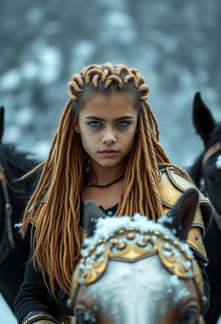 Latina girl, golden hair, gold eyes, golden eyes,
,dreadlocks, lots of hair, golden dreadlocks, Viking girl, Viking themed background, snowy background 
BREAK, 
Dramatic lighting, girl riding black horse, horse on back 2 legs girl on horses back, girl has gold eyes, 
BREAK,
huge natural tits, girl has skimpy gold armor 
BREAK,
big natural boobs, beautiful face, massive tits, thin waist big ass, massive realistic boobs