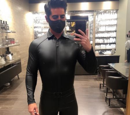 jessewatters person wearing a (tight black leather BDSM bodysuit:1.4), (lipstick and crying:1.3), (bawling:1.2), (extremely sad:1.3), while drinking a latte at starbucks in Manhattan.