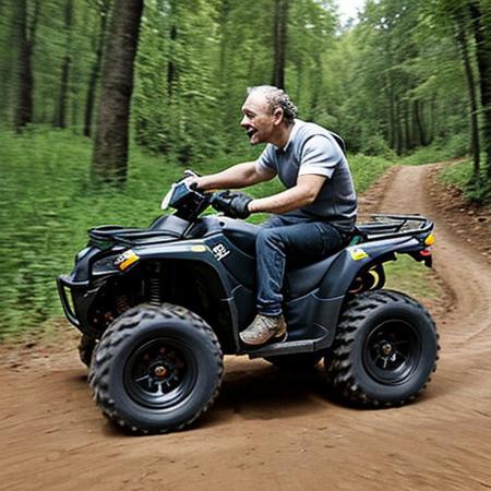 A full body photo of gollum, aka smeagol, he's carrying an Uzi and riding an ATV, 
It looks cute and adorable yet fierce at the same time, realistic, funny, 
highest quality, exceptional accuracy and realism,