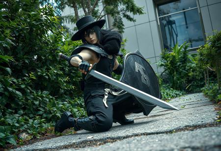 A dynamic photorealistic portrait of a cosplayer embodying a "Final Fantasy VII" character. Dressed in a stark black and white outfit and black hat, the figure kneels on a rough concrete path amidst abundant green foliage. A sword is gripped in the right hand, a shield held ready in the left, in a tense, battle-ready stance. An urban structure with a reflective glass window looms in the background. The scene captures a moment of impending adventure with dramatic lighting. High-res, 4K, Exceptional Quality, More Detail, Lifelike Details, Super Detailed Face and Eyes and Clothes, Handcrafted with Precision, High Quality, Stunning Colors, Harmonious Colors, Multi Colored, Contemporary Aesthetics, Impeccable Composition, Creative Angle, Attractive Background, Balanced Editing, Intentional Focus, Well-timed Moment, Dynamic Action Pose, Captivating Lighting, Octane Render, Unreal Engine 5, Vivid Emotions, Beautiful Detailed Eyes, CGSociety, Artstation Trending on ArtstationHQ, Golden Ratio.