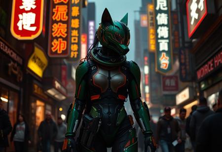 a cyberpunk robot samurai Anthro wolf woman, sleek green with orange trim exosuit like destiny, robot anthropomorphic wolf face with mirrored face shield, robot joints, body made of metals, cables and wires, she has a pair of ornate pulse pistols holstered at her hip, in sleek cyberpunk futuristic holsters. she has one hand on the handle of one of the pistols, in a cyberpunk city street, walking in a crowd, dim lighting from lots of large overhead neon signs, silhouetted in the gloom.  Perfect Composition, realistic photographic image, RAW photo highest quality, perfect directional lighting, she is looking out at the people in the street around her as if hunting.
