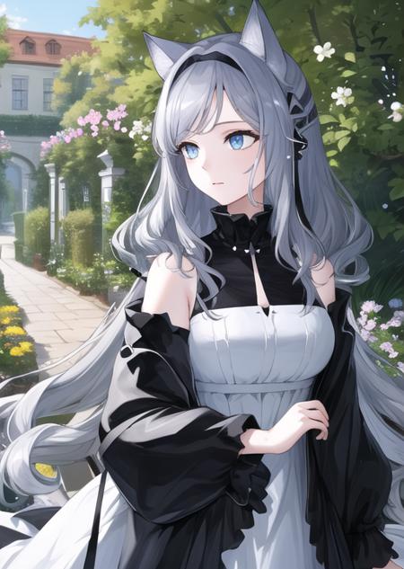 ,golding, shoulderless dress , black hairband, grey hair, long hair, black jacket, cat ears, blue ribbon, grey hair