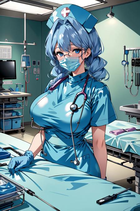 ((masterpiece, best quality,lower_body)), operating table,medical monitors,hospital bed, <lora:Kaname Shinohara:0.7> (kaname shinohara, long hair, blue hair, blue eyes, hair intakes, hair over shoulder, huge breasts, glasses), <lora:surgical_nurse_v1:0.8> (surgical_nurse_v1.0, nurse cap, nurse, latex, stethoscope, latex gloves, surgical mask),