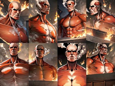 <lora:colossal_titan_v0.1:1>
1boy, colossal titan, upper body,  smoke, solo, fire, burning, giant wall,  face, masterpiece, best quality, highly detailed