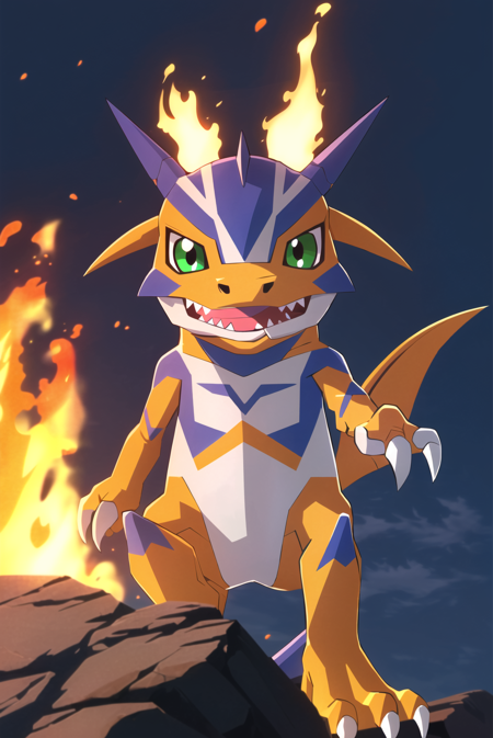 digimon, no humans, solo, green eyes, teeth, blurry, sharp teeth, outdoors, fire, digimon \(creature\), blurry background, fangs, sky, night, looking at viewer,   ((masterpiece)) <lora:digimon_offset:1>