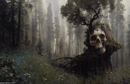 (impressionism:1.1), A tree growing through a skull , Cliff/Bluff, pine forest, (jeremy mann:1.2), scenery,scene painting,a painting,