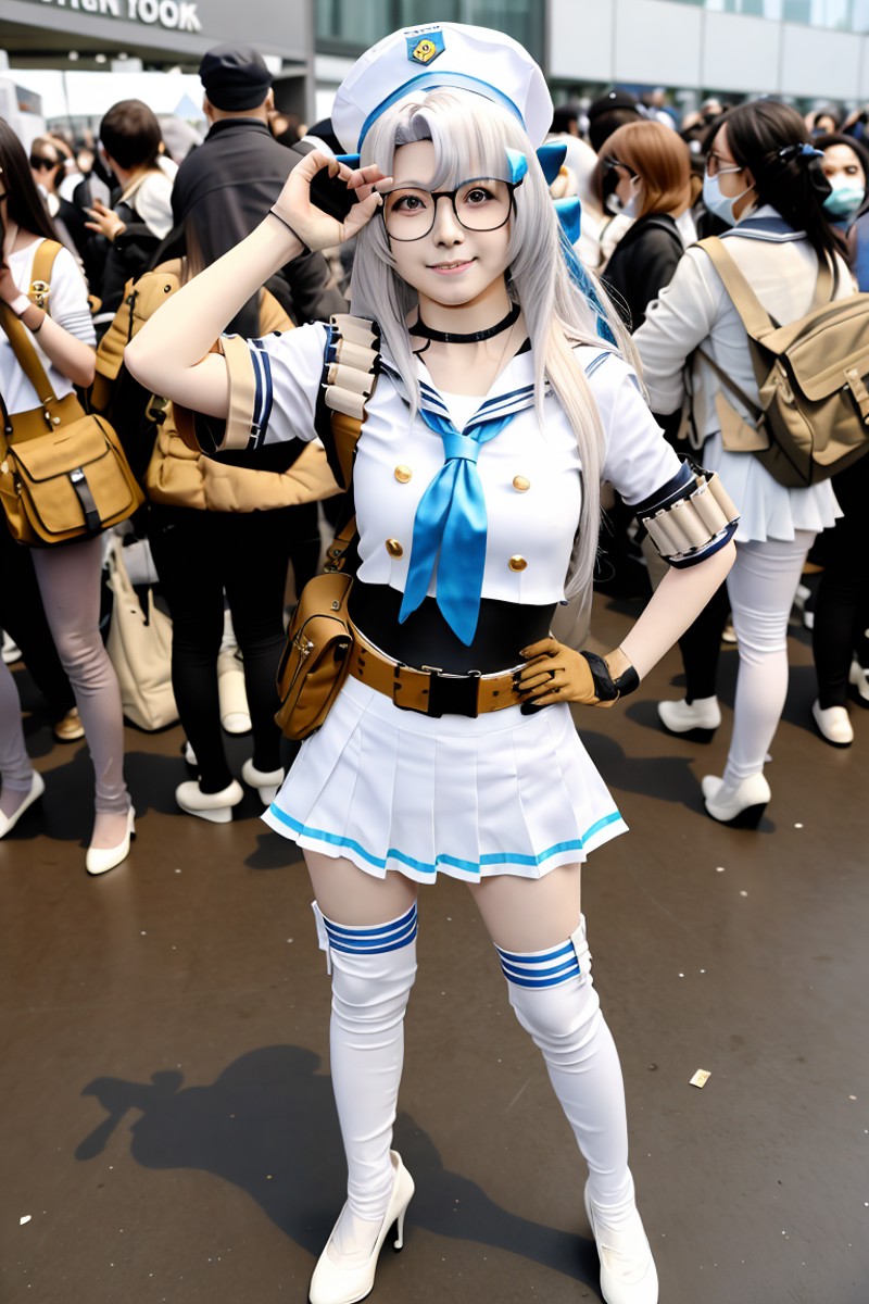 best quality, high quality, 1girl, cosplay, crowd,
a woman in neon \(nikke\) costume is standing in front of people and po...