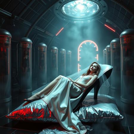 tall slender elegant slavic  bride lays at foil pillows in giant high heel shoe bed,  under dimension portal to another galaxy , slave  collar, dressed in sexyglossy satin side slit nightgown , long veil, pefect legs in lace trim stockings and d'orsay high heels, small feets, surrounded by beauty models encased in  hi-tech stasis tubes at background, fishnet curtains, fog, mirrors, hi-tech, sci-fi, scifi, mind control, steel, foil, hypno, romance, poison, lipstick, long hair, heavy makeup, 1950s hairstyle, red nails, long hair, green eyes, sharp cheekbones, ultra thin waist , seductive, feminine, mysterious, alien spaceship, space, radiating, laser, dramatic dark red lighting, darkness, corset, negligee, lace, seduce, alluring, vines, poison red flowers