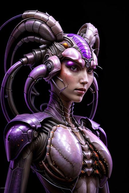 portrait of pearl crab female person (long neck, slender arms)) massive headdress, bio armor, (luminesce dark purple glowing) floating particles, insect textures, scifi