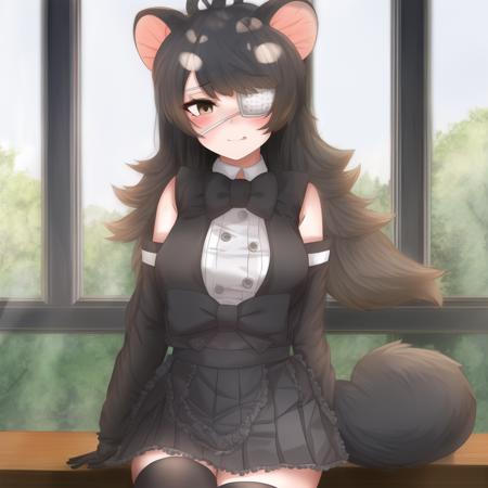 ausdev, 1girl, eyepatch, solo, medical eyepatch, long hair, black hair, tasmanian devil ears, tasmanian devil tail, brown eyes, detached sleeves, bangs, long sleeves, bare shoulders, empty eyes, frills, brown gloves, black pleated skirt, one eye covered, black neckwear, black sleeves, two-tone hair, black bowtie, black thigh-highs,  detailed shading, detailed ambient light