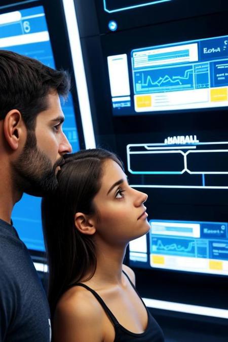 mid-aged male person admired by 20 year old cute girl, innocent, girl tiny, girl looking up, beared man, dark hair man, focus on man, futuristic AI room, colorful, positive, 1 girl, 1 male