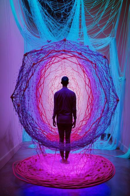 Installation: A massive, suspended net of woven neon threads, resembling a cosmic web connecting all living beings. ,  con_art2