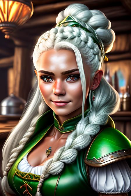 white hair, green dirndls, surrounded by beer mugs, in a tavern, Tavern background, photography taken by canon eos r5, stunning fullbody d&d character art, Gorgeous Caucasian female gnome bartender, smiling. She has ((white braided)) hair. She is wearing ((green)) dress and leather pauldrons. A silver great axe is strapped to her back. Pale skin, toned, pretty, wide face, warrior. Picture a diminutive yet formidable figure, a gnome barbarian, smiling, of unparalleled strength and tenacity. Despite her small stature, her muscular build speaks of years spent honing her physical prowess. Standing in a tavern, wears very look good outfit, standing, Detailed face, beautiful eyes and hair, flawless bright skin, soft makeup and draw thin eyebrows, Human-like eyes, good anatomy, Perfect white balance, rim lighting uhd, prime photography, smooth crisp line quality, Vibrant colors, Sharp focus, Highly detailed, Fantasy, epic lighting, intense gaze., intricate leather details