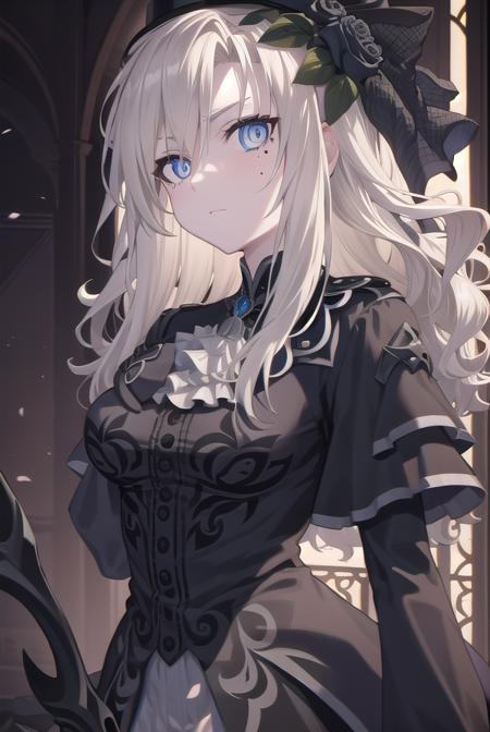 kriemhild, blue eyes, long hair, mole, mole under eye, pale skin, white hair, wavy hair, ascot, black capelet, black dress, black flower, black gloves, black headwear, black rose, capelet, dress, flower, gloves, hat, long sleeves, rose, veil,