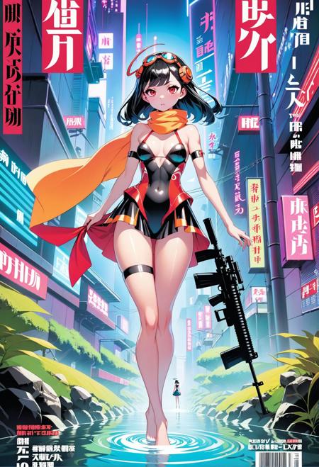 japanese american fusion pop art fashion magazine cover, cyberpunk background BREAK 1girl, (japanese deciduous sniper swimmer:1.3), (in a orderly, fairy tale valley:1.3), full body, neon red-orange eyes, pose, , scarf, small breasts, tall, slim toned hourglass figure,(muscular:0.6), skindentation, (evening gown:1.2) [:revealing costume design:0.2], <lora:EnvyPopArtXL01-e-000014:1.5:1.5:lbw=ALL>