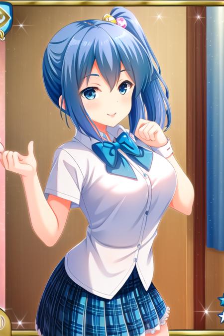 masterpiece, best quality, highly detailed background, perfect lightingbest quality, <lora:Oribe-Chika:0.9>, 1girl, solo, blue hair, side ponytail, blue eyes, breasts, white shirt, blue bowtie, blue skirt, plaid skirt, school uniform, smile, closed mouth, pink lips.